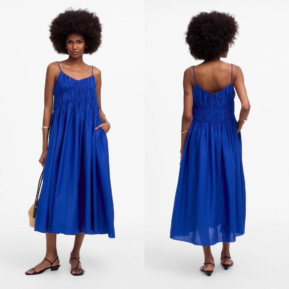 NWT Madewell Textured V-Neck Midi Dress Linen Blend Bright Sapphire Blue Size M